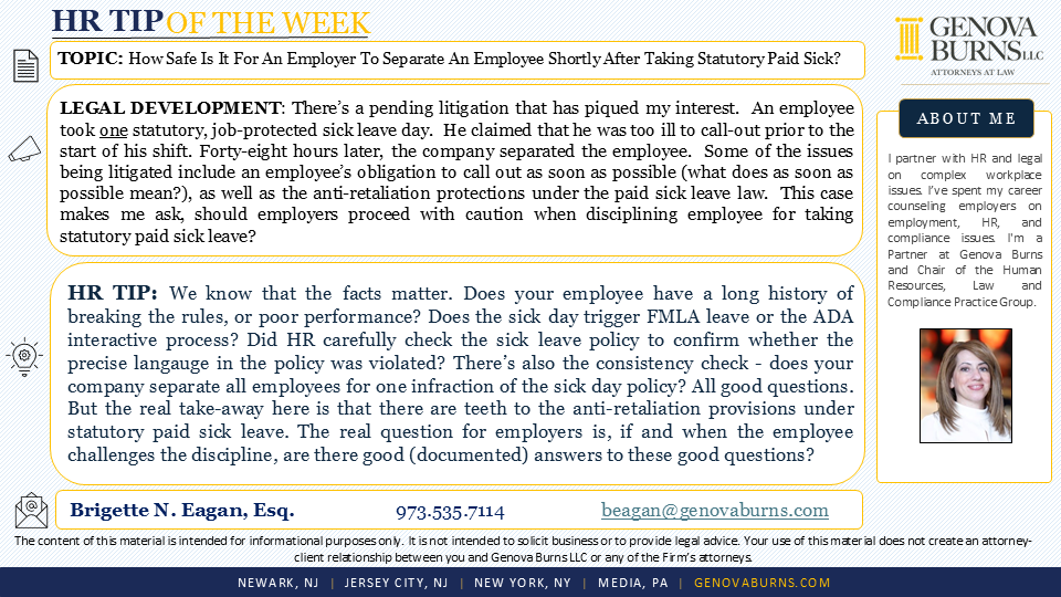 HR Tip of the Week: How Safe Is It For An Employer To Separate An Employee Shortly After Taking Statutory Paid Sick?